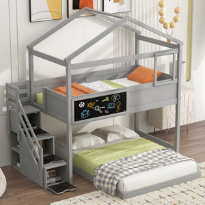 uhomepro Twin over Full Bunk Bed with Roof, House Bed with Storage Staircase Blackboard, Bunk Bed Frame with Built-in Ladder and Full-Length Guardrail for Kid's Teen's Room, Gray