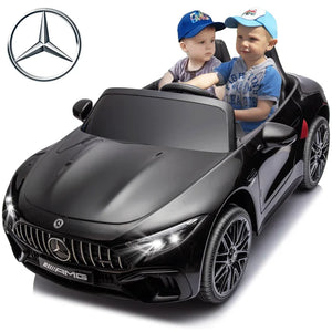 24V 2 Seats Ride On Cars for kids, Mercedes SL63 200W Battery Powered Ride On Toy Cars with Remote Control, Bluetooth, Music Player, 4 Wheels Suspension, Seat Belt, Electric Cars for Boys Girls 3- 6