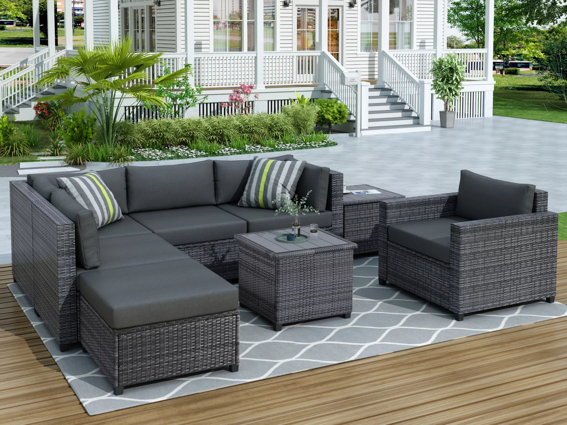Patio Conversation Sets, 8 Piece Wicker Outdoor Sectional Sofa Set, Patio Sectional Sofa with Armchair&Coffee Table, Rattan Bistro Patio Set for Backyard Porch Pool Garden Lawn