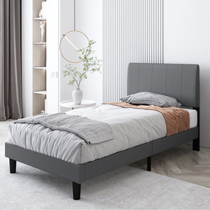 Modern Upholstered Platform Twin Bed Frame, Heavy Duty Twin Bed Frame with Headboard, Gray Twin Bed Frame with Wood Slat Support, Mattress Foundation for Adults Kids, No Box Spring Needed