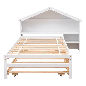 uhomepro Twin Bed Frame with Bookcase Headboard and Trundle, Wood Platform Bed Frame for Kids, Modern Kids Bed Furniture for Bedroom, No Box Spring Needed