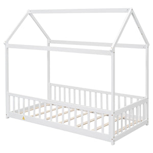 uhomepro Twin House Bed with Fence, Floor Toddler Twin Bed Frame with Wood Slats Support, Kid Beds for Girls Boys