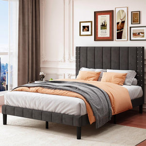uhomepro Full Platform Bed Frame with Upholstered Headboard, Fabric Upholstered Platform Bed Frame with Wood Slat Support for Bedroom, No Box Spring Needed, Easy Assembly, Black