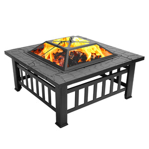 Wood Burning Fire Pits for Outside, 32" Square Iron Fire Pit Backyard Patio Garden Stove Wood Burning Fire Pit w/ Mesh Screen Lid, Wood Grate, Poker, Durable Fire Pit
