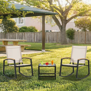 3 Piece Outdoor Rocking Chairs Set, Patio Furniture with 2 Rocking Chairs and Glass Side Table, ard, Garden, Rocking Bistro Patio Set, Patio Rocking Chair Set, Black, W2131