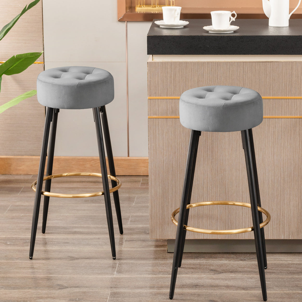 UHOMEPRO Modern Round Bar Stools (Set of 2), 30" Upholstered Velvet Dining Chair Stool with Gold Footrest for Kitchen Island Coffee Pub Shop Bar Height, Velvet Green