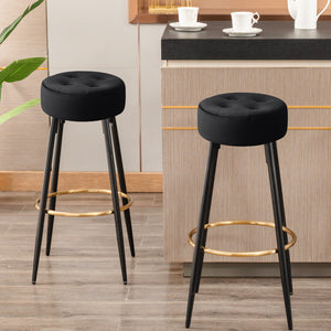 UHOMEPRO Modern Round Bar Stools (Set of 2), 30" Upholstered Velvet Dining Chair Stool with Gold Footrest for Kitchen Island Coffee Pub Shop Bar Height, Velvet Green