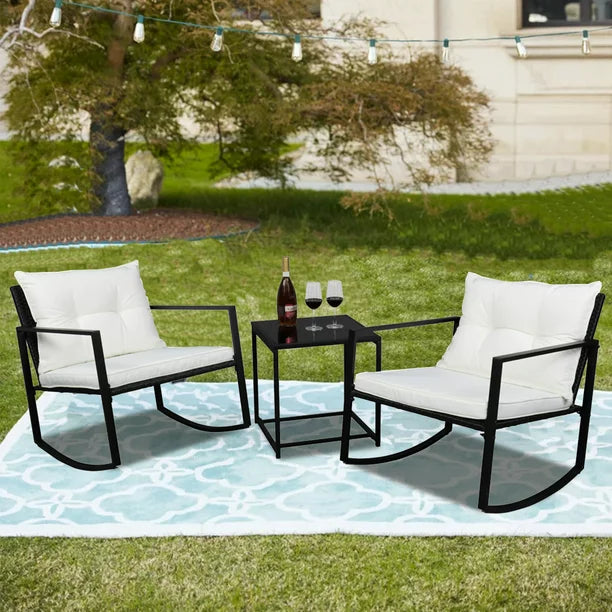 uHomePro Outdoor Rocking Chair Sets Patio Furniture, 3 Piece Wicker Bistro Set with White Cushion Rocking Chairs and Coffee Table, Patio Rocking Chair Set for Backyard Garden, All-Weather Rocking Chair, W10671