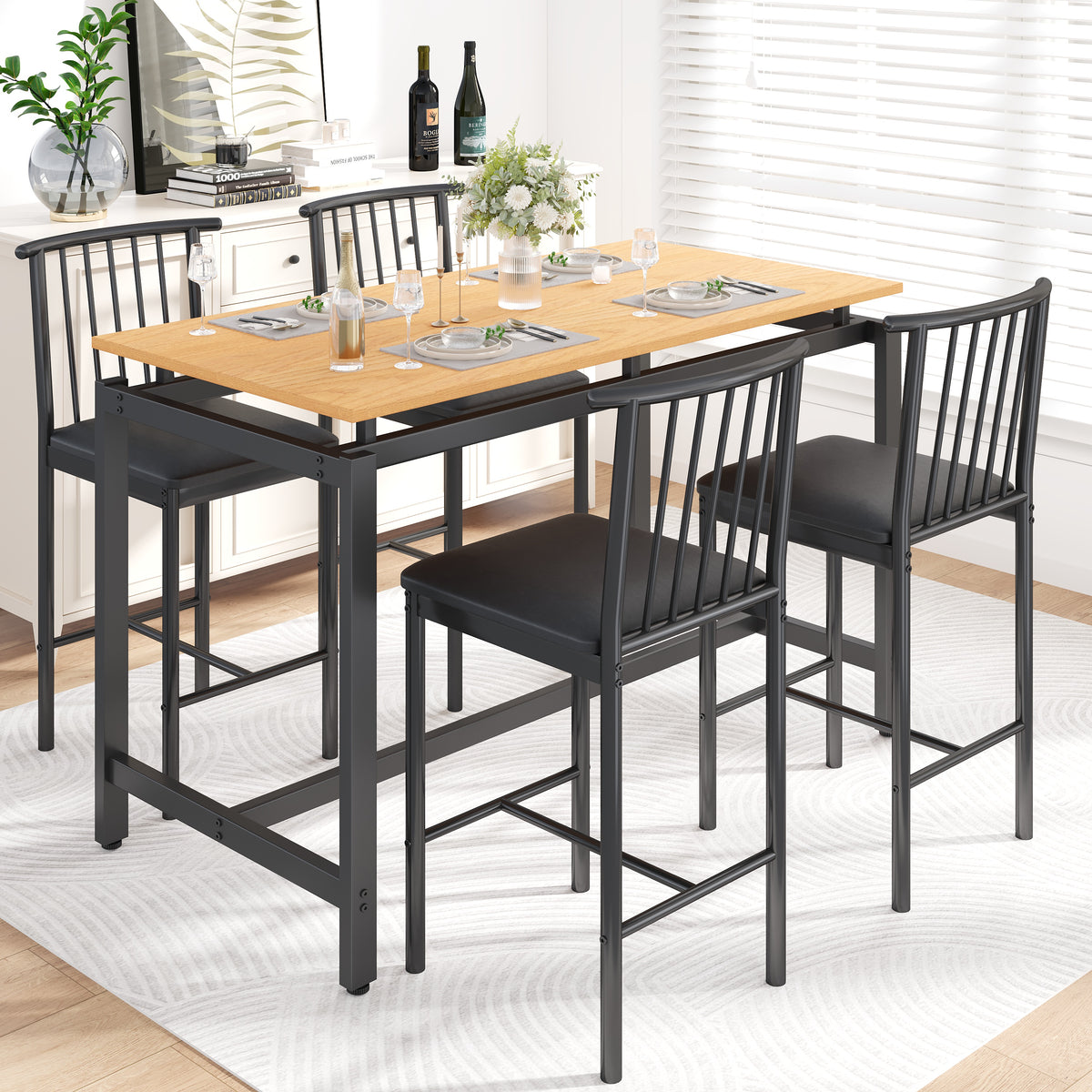 UHOMEPRO 5 Piece Bar Table Set, Faux Wood Look Dining Room Set with Up ...