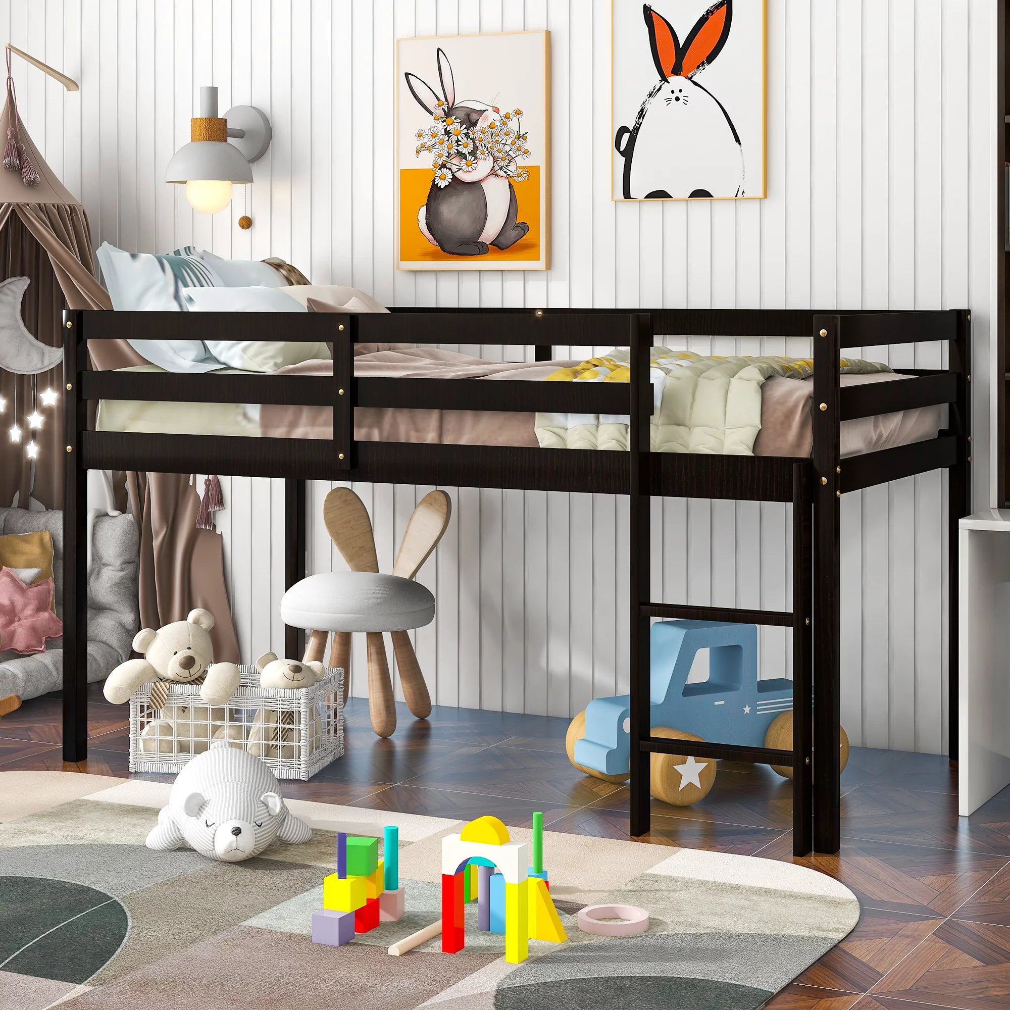 Kids Low Loft Bed with Storage Twin Loft Bed Frame with Stairs