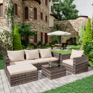 Patio Furniture Sets, 4-Piece Outdoor Sectional Sofa Set with Loveseat and Lounge Sofa, Armchair, Coffee Table, All-Weather Wicker Furniture Conversation Set for Backyard Garden