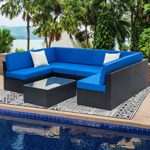 Wicker Patio Furniture Sets, 7 Piece Outdoor Conversation Set with Coffee Table and Patio Sofa, All-Weather Black Rattan Sofa Sectional Furniture Set, Outdoor Dining Set for Backyard, Poolside, W2227