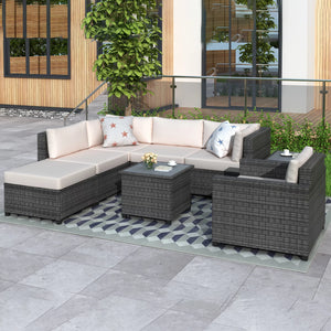 Patio Conversation Sets, 8 Piece Wicker Outdoor Sectional Sofa Set, Patio Sectional Sofa with Armchair&Coffee Table, Rattan Bistro Patio Set for Backyard Porch Pool Garden Lawn