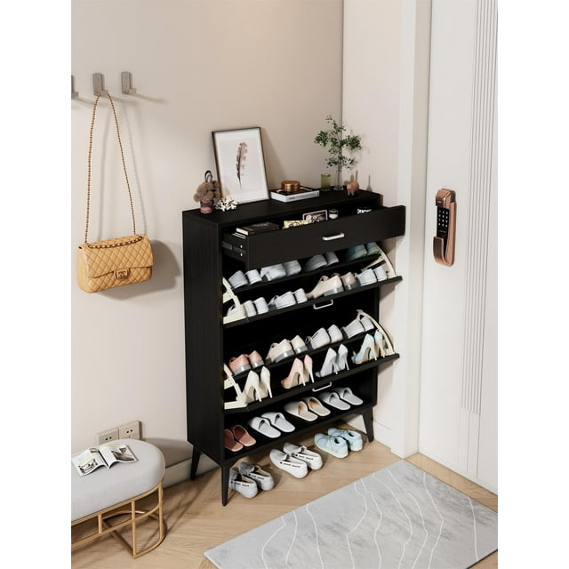 UHOMEPRO Shoe Cabinet, Freestanding Shoe Cabinet Organizer with 2 Flip Drawers, Open Shelf, Shoes Storage Cabinet for Entryway, Narrow Shoe Rack Cabinet with Metal Legs, Black