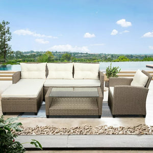 Outdoor Patio Furniture Sets, 4 Piece Ratten Wicker Sectional Sofa Set, Patio Sectional Sofa with Armchair&Coffee Table, Patio Conversation Sets for Backyard Lawn Poolside Garden
