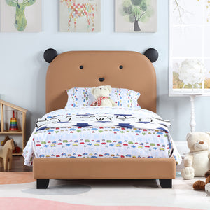 UHOMEPRO Upholstered Twin Bed Frame with Bear Design Headboard, Cute Bed Frame for Kids and Teens, Wooden Bed Frame with Slatted Bed Base, No Box Spring Needed, Brown