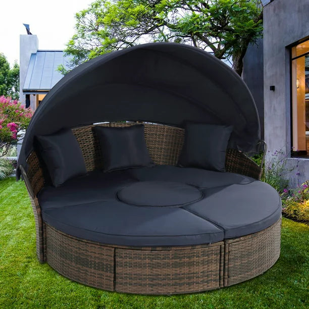Outdoor Conversation Sets, Round Patio Daybed Sunbed with Retractable Canopy and Beige Cushion, Rattan Wicker Patio Furniture Daybed Sets, Outdoor Sectional Sofa Set for Garden backyard Pool