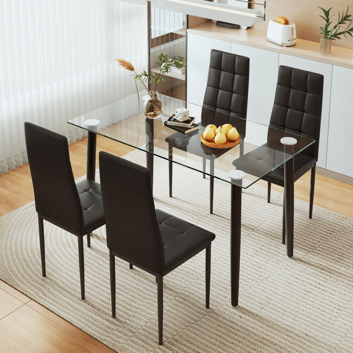 uhomepro 5 Pieces Dining Table Set, Elegant Glass Tabletop and Chairs for 4, Upgraded Metal Frame Table and 4 Leather Chairs for Kitchen Breakfast Nook Bar Small Apartment
