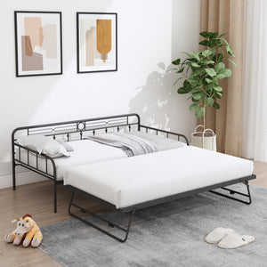 uhomepro Daybed with Pop Up Trundle, Twin Adjustable Metal Sofa Bed with Adjustable Trundle Steel Daybed for Living Room Bedroom Guest Room