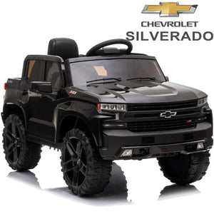 Chevrolet Silverado 12V Ride on Truck, Black Ride on Toys with Remote Control, Battery Powered Ride on Cars for Boys, Electric Cars for Kids to Ride, LED Lights, MP3 Music, Foot Pedal, CL220