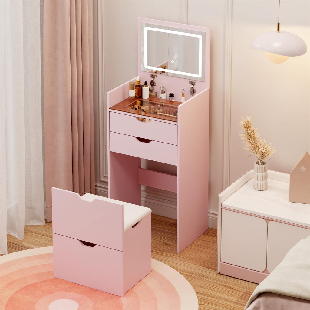 UHOMEPRO Pink Vanity Set with Mirror and LED Storage Cabinet, Makeup V–  uHomePro