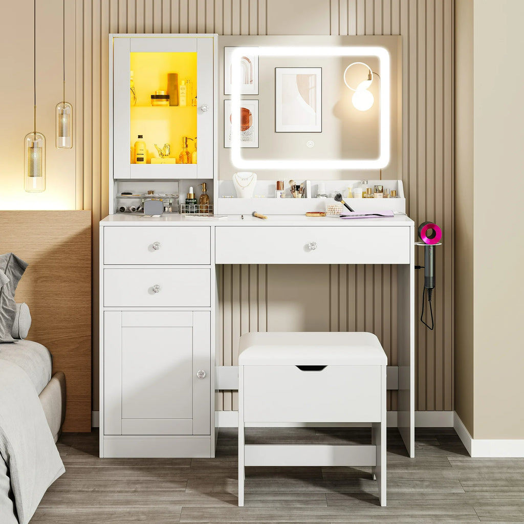 UHOMEPRO Vanity Set with Mirror, White Makeup Desk with Charging Stati–  uHomePro