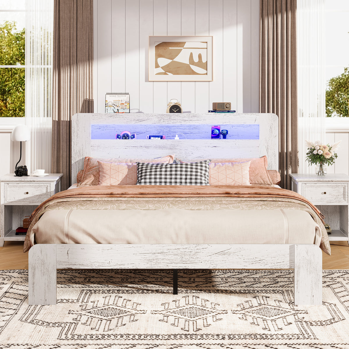 Full Bed Frame with LED Storage Headboard and Charging Station, UHOMEP ...