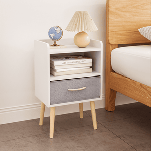 UHOMEPRO NightStand with Collapsible Fabric Drawer, Bedside Table with Solid Wood Legs, Minimalist and Practical End Side Table with Open Storage Shelf for Bedroom, Oak