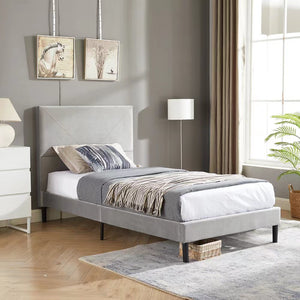 Gray Twin Bed Frame for Adults Kids, Modern Upholstered Platform Bed Frame with Headboard, Q17