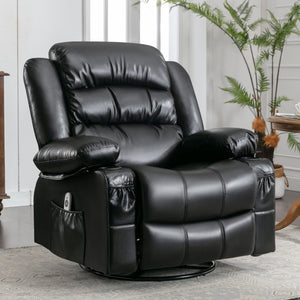 uhomepro Swivel Rocker Recliner Chair with Vibration Massage and Heat, PU Leather Manual Rocking Recliner Chair for Living Room with Side Pocket, 2 Cup Holders, USB Charge Port