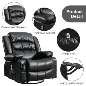 uhomepro Swivel Rocker Recliner Chair with Vibration Massage and Heat, PU Leather Manual Rocking Recliner Chair for Living Room with Side Pocket, 2 Cup Holders, USB Charge Port