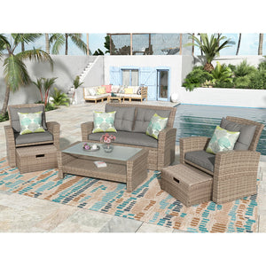 6-Piece Outdoor Porch Patio Furniture Set with Glass Coffee Table