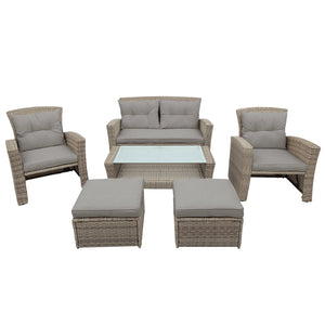 Outdoor Patio Furniture Set, 6-Piece PE Rattan Wicker Patio Dining Table Set with Ottomans and Cushions, Outdoor Conversation Sets with Glass Coffee Table, Patio Bistro Set for Backyard Porch
