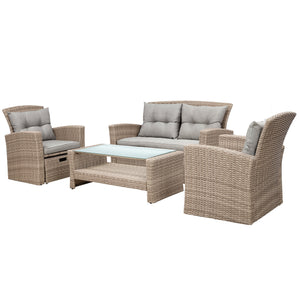 Outdoor Patio Furniture Set, 6-Piece PE Rattan Wicker Patio Dining Table Set with Ottomans and Cushions, Outdoor Conversation Sets with Glass Coffee Table, Patio Bistro Set for Backyard Porch