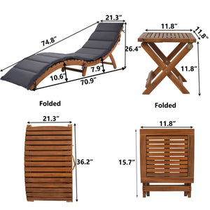 uhomepro 3-Piece Folding Pool Chairs, Patio Wood Chaise Loungers, Chaise Lounge Chair Outdoor Set Pool Furniture for Backyard Garden, Couch Cushioned Recliner Chair with Foldable Tea Table