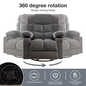 uhomepro Manual Swivel Rocker Recliner Chair with Massage and Heat, Rocking Recliner Chair for Living Room, Fabric Lounge Chair with Side Pocket, 2 Cup Holders, USB Charge Port