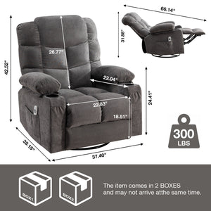 uhomepro Manual Swivel Rocker Recliner Chair with Massage and Heat, Rocking Recliner Chair for Living Room, Fabric Lounge Chair with Side Pocket, 2 Cup Holders, USB Charge Port