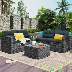 4-Piece Rattan Patio Furniture Sets, Wicker Bistro Set with Ottoman, Glass Coffee Table, Outdoor Sectional Sofa Set, Dining Table Sets for Backyard