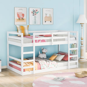 Solid Wood Low Bunk Bed for Kids, Twin Over Twin Floor Bunk Bed with Safety Rail, Ladder, Heavy Duty Bunk Beds Mattress Foundation for Boys Girls, Space-Saving Bedroom Dorm Furniture