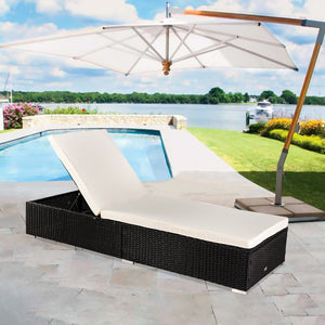 Outdoor Chaise Lounge, Patio Wicker Chaise Lounge with Removable Cushion, PE Rattan Lounge Chair with 5-Position Adjustable Back, Cushioned Chaise Lounge Patio Furniture Set for Poolside