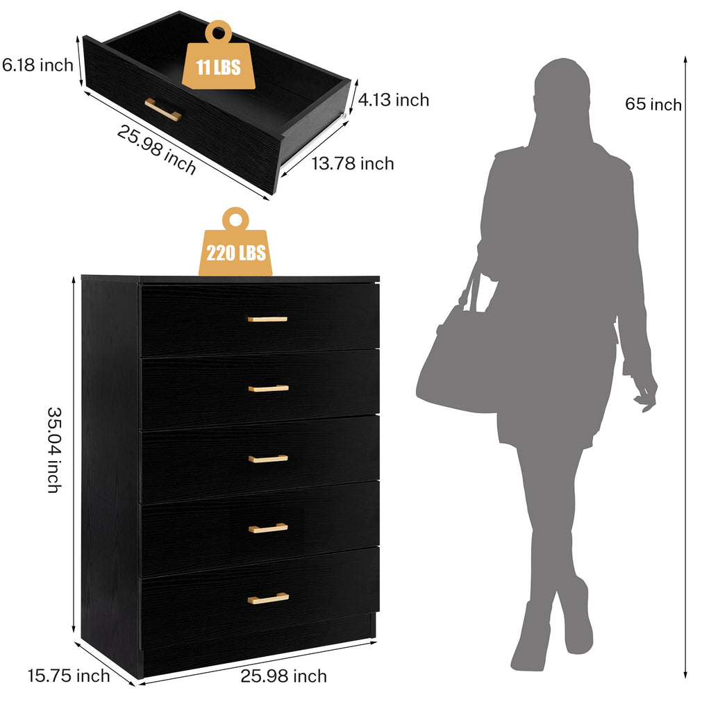 UHOMEPRO Black 5 Drawer Dresser, Chest of Drawers for Bedroom, Modern uHomePro UHOMEPRO Black 5 Drawer Dresser, Chest of Drawers for Bedroom, Modern uHomePro