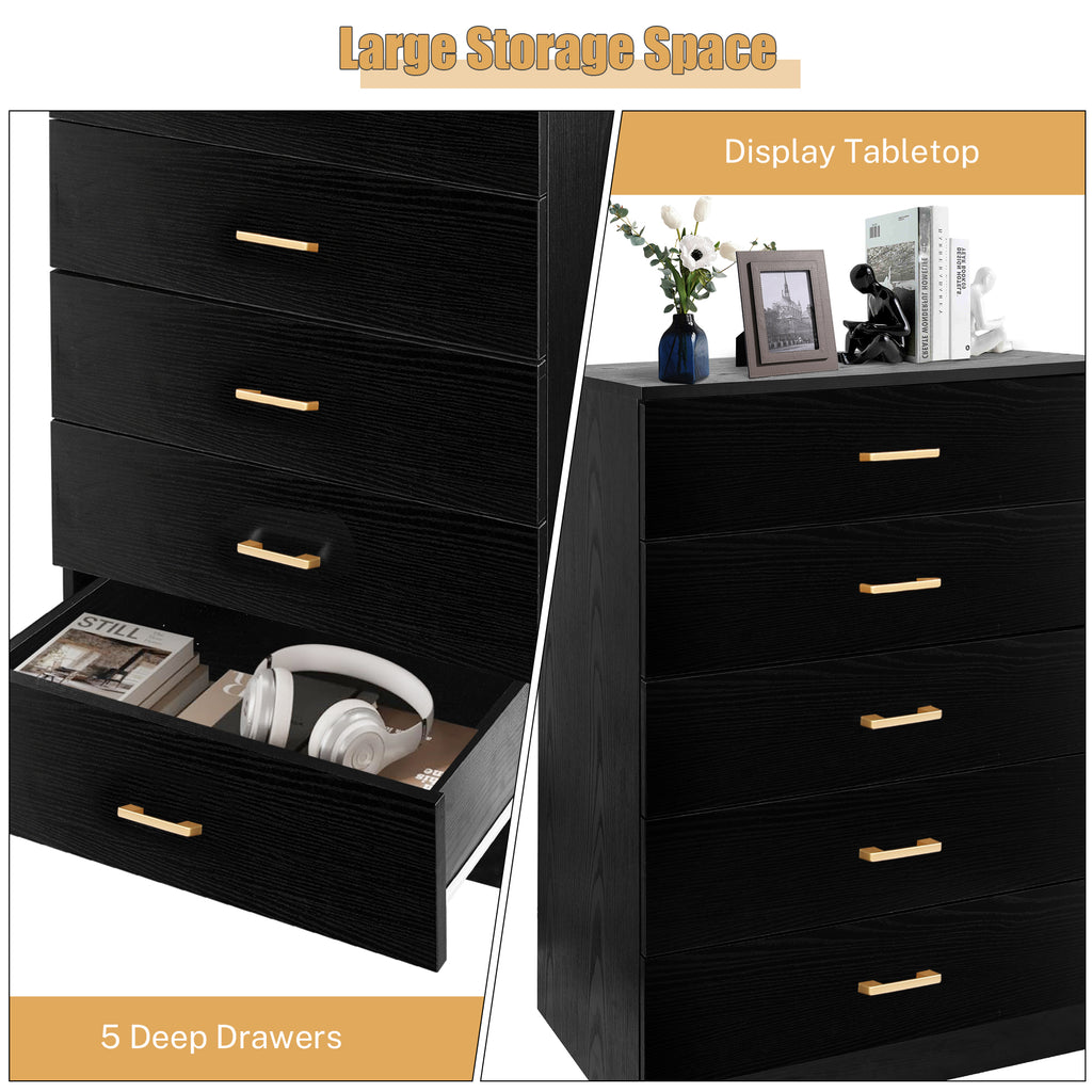 UHOMEPRO Black 5 Drawer Dresser, Chest of Drawers for Bedroom, Modern uHomePro UHOMEPRO Black 5 Drawer Dresser, Chest of Drawers for Bedroom, Modern uHomePro