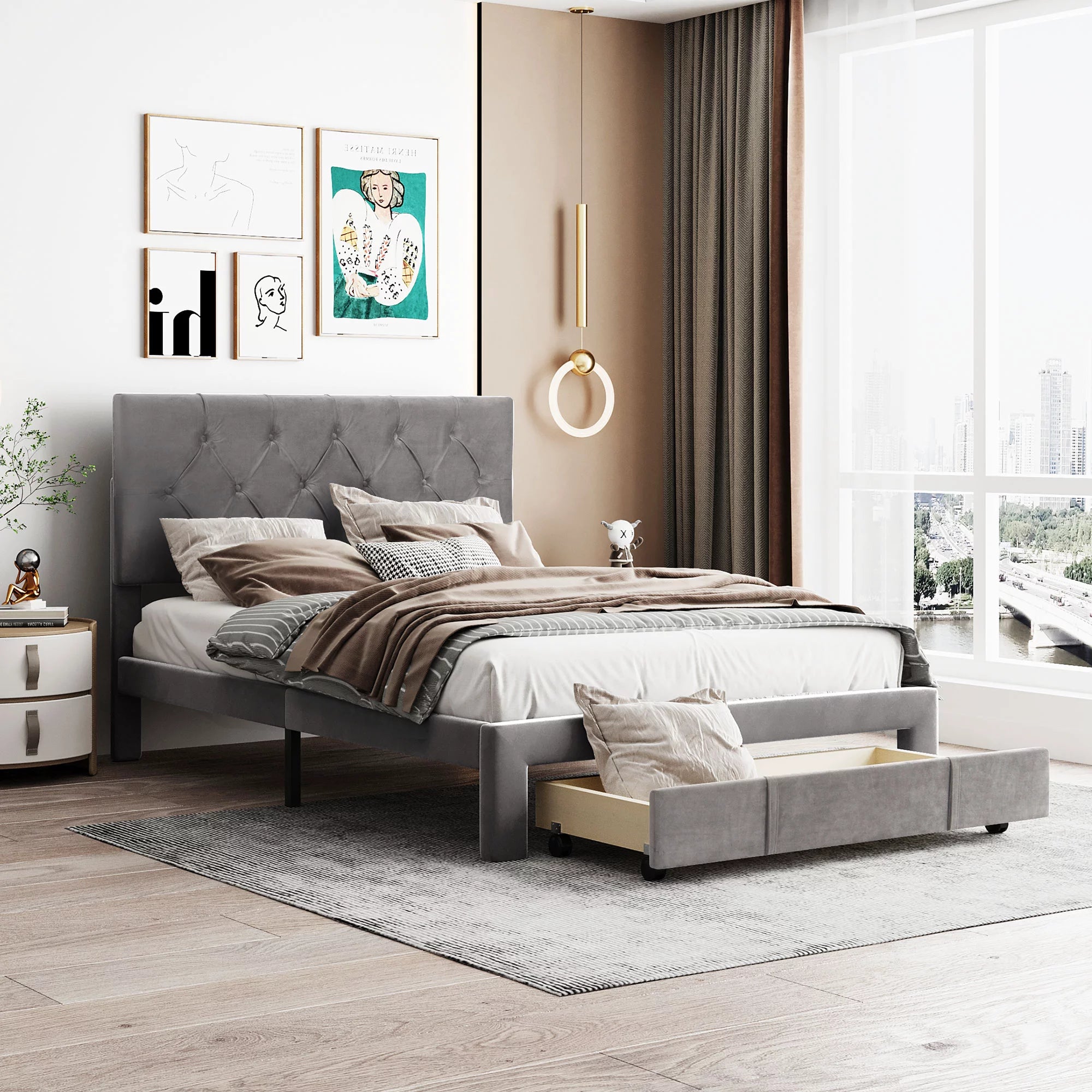 uhomepro Queen Storage Bed Frame Modern Upholstered Platform Bed