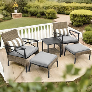 Outdoor Patio Furniture Sets, 5 Piece Wicker Patio Bar Set, 2pcs Arm Chairs, 2 Footstool&Coffee Table, Outdoor Conversation Sets for Backyard Lawn Poolside Garden