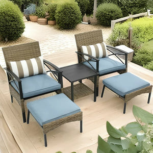 Outdoor Patio Furniture Sets, 5 Piece Wicker Patio Bar Set, 2pcs Arm Chairs, 2 Footstool&Coffee Table, Outdoor Conversation Sets for Backyard Lawn Poolside Garden, Blue Cushion