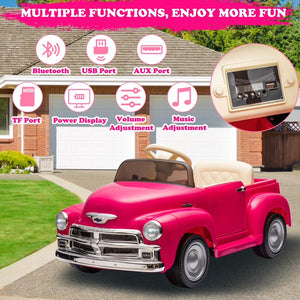 Chevrolet Kids Ride on Truck Cars, 12V7A Battery Powered Ride on Toy Car with Remote Control, Colorful Lights, Bluetooth, USB, Music Play, 4 Wheel Suspension Electric Car for 3-5 Yrs Boys Girls, Pink