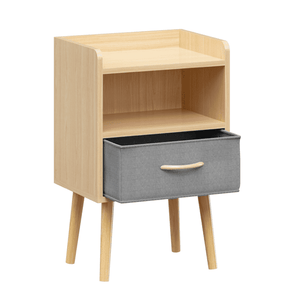 UHOMEPRO NightStand with Collapsible Fabric Drawer, Bedside Table with Solid Wood Legs, Minimalist and Practical End Side Table with Open Storage Shelf for Bedroom, Oak