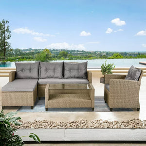 Outdoor Patio Furniture Sets, 4 Piece Ratten Wicker Sectional Sofa Set, Patio Sectional Sofa with Armchair&Coffee Table, Patio Conversation Sets for Backyard Lawn Poolside Garden