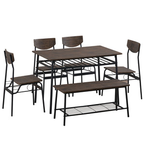 uhomepro 4 Piece Kitchen Dining Table and Chair Set, Brown and Black Dining Room Table Set for 4 with 2 PU Leather Chairs and Bench, Dining Set with Storage Rack for Dining Room Kitchen Apartment