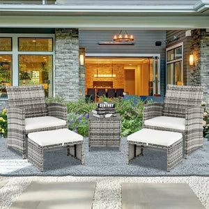 Outdoor Patio Furniture Sets, 5 Piece Wicker Patio Bar Set, 2pcs Arm Chairs, 2 Footstool&Coffee Table, Outdoor Conversation Sets for Backyard Lawn Poolside Garden, Blue Cushion